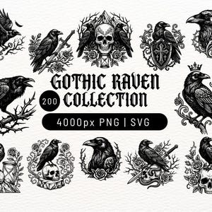 Puede incluir: Una colección digital de ilustraciones de cuervos en blanco y negro con calaveras, rosas, espadas y coronas. El texto dice GOTHIC RAVEN COLLECTION 200 4000px PNG | SVG. Estos diseños gráficos detallados muestran cuervos en varias poses.