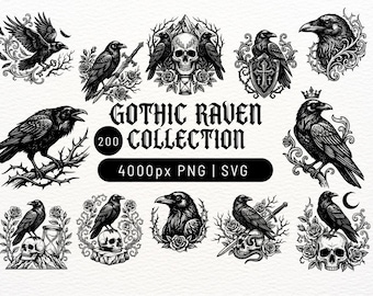 Paquete de 200 imágenes prediseñadas SVG de cuervos góticos / Arte Dark Academia, gráficos de brujería (descarga digital)