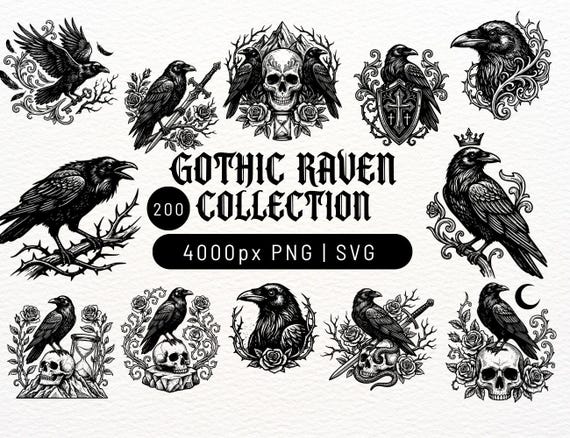 200 Gothic Raven Clipart SVG Bundle | Dark Academia Art, Witchcraft Graphics (Digital Download)