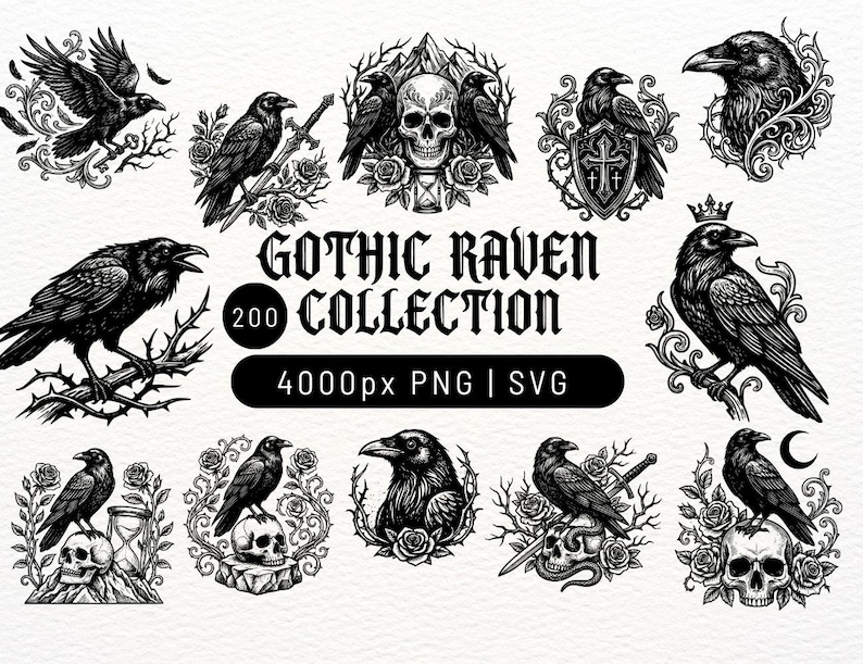 Puede incluir: Una colecci&oacute;n digital de ilustraciones de cuervos en blanco y negro con calaveras, rosas, espadas y coronas. El texto dice GOTHIC RAVEN COLLECTION 200 4000px PNG | SVG. Estos dise&ntilde;os gr&aacute;ficos detallados muestran cuervos en varias poses.