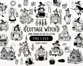 Colección de vectores de brujas campestres. 150 archivos PNG y SVG dibujados a mano para manualidades y Cricut. Dibujos, archivos para Cricut, archivos SVG, archivos PNG.