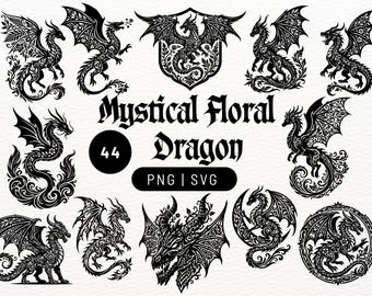 Paquete de archivos SVG y PNG de dragón floral místico / Archivos de corte vectoriales de criaturas míticas para tatuajes de fantasía