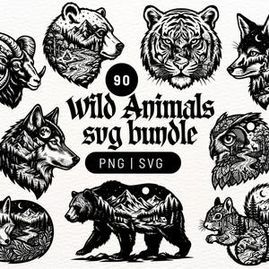 Może przedstawiać: Kolekcja czarno-białych ilustracji cyfrowych przedstawiających dzikie zwierzęta, w tym barana, niedźwiedzia, tygrysa, lisa, wilka, sowę i wiewiórkę, z detalami górskich krajobrazów. Tekst głosi 90 Wild Animals SVG bundle PNG | SVG.