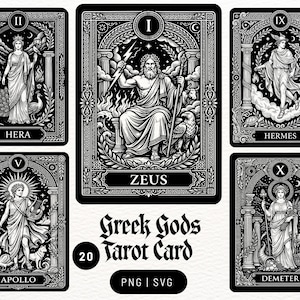 Könnte beinhalten: Eine Sammlung von fünf schwarz-weißen Tarotkarten mit den griechischen Gottheiten Zeus, Hera, Hermes, Apollo und Demeter, jeweils mit verzierten Rändern und römischen Ziffern. Der Text lautet Greek Gods Tarot Card, 20, und PNG | SVG.