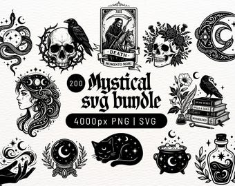 Paquete de 200 imágenes prediseñadas místicas en formato SVG / Elementos celestiales góticos, luna de brujería, calavera (descarga digital)