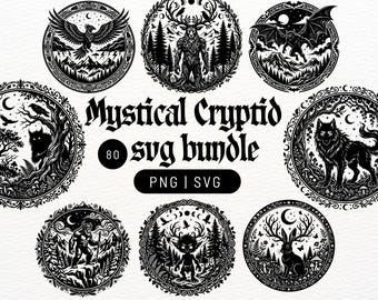Paquete de archivos SVG y PNG de personajes críptidos místicos - Marco circular decorativo para Cricut