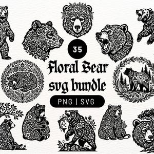 Puede incluir: Una colección de 35 ilustraciones digitales en blanco y negro que presentan osos adornados con intrincados patrones florales. El conjunto incluye varias poses de osos, retratos de cabezas y osos dentro de marcos circulares, etiquetado como Floral Bear svg bundle.