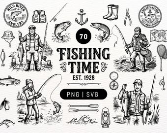 Coleção "Tempo de Pesca", pacote com 70 arquivos PNG e SVG para artesanato, desenhos, arquivos para Cricut, arquivos SVG e arquivos para Cricut.