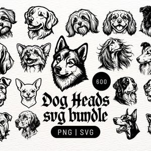 Op de afbeelding: Een verzameling zwart-witillustraties van verschillende hondenrassen in een raster. De centrale tekst luidt 600 Dog Heads svg bundle PNG | SVG. Elke afbeelding toont een gedetailleerde hondenkop met duidelijke gelaatstrekken.