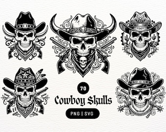 Paquete de imágenes PNG y SVG de calaveras vaqueras / Conjunto de imágenes prediseñadas vectoriales de terror / Calavera oculta / Archivos de corte vectoriales para tatuajes de calaveras para Cricut