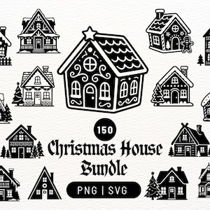 Peut inclure: Une collection d'illustrations graphiques en noir et blanc représentant divers modèles de maisons, y compris des maisons en pain d'épices et des chalets. Le texte central indique 150 Christmas House Bundle PNG | SVG, illustrant des styles architecturaux variés.