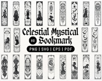 Puede incluir: Una colección de 80 marcapáginas digitales en blanco y negro con ilustraciones celestiales y místicas que incluyen calaveras, unicornios, brujas, leones y fases lunares. El texto dice Celestial Mystical Bookmark 80 PNG | SVG | EPS | PDF.