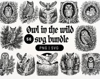 Paquete de imágenes PNG y SVG de búhos en estado salvaje / 56 imágenes prediseñadas de siluetas para decoración de paredes / Descarga digital para láser, CNC, Cricut / bosque, montaña, árbol