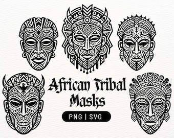 Bundel met Afrikaanse tribale maskers | PNG- en SVG-bestanden voor Cricut, lasersnijbestanden en wanddecoratie