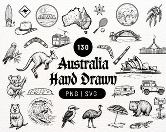 Colección de imágenes prediseñadas de Australia dibujadas a mano. Paquete de archivos de corte PNG y SVG para proyectos creativos, Cricut. Canguro, koala, animales salvajes.