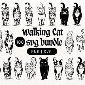 May include: A digital collection of 100 black and white cat illustrations in various walking poses. The text Walking Cat 100 SVG bundle PNG | SVG is centered among the cat graphics, which include tabby, solid, and spotted patterns.