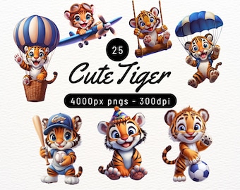 Paquete de imágenes prediseñadas de tigres adorables: 25 diseños PNG para proyectos creativos