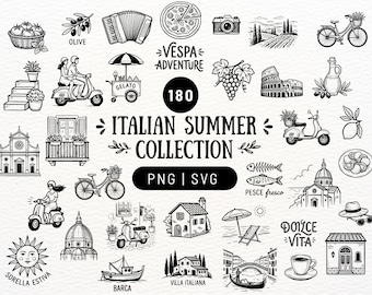 Colecciones de verano italianas, paquete de 180 imágenes PNG y SVG para manualidades e invitaciones. Dibujos, archivos para Cricut, archivos SVG, archivos Cricut.