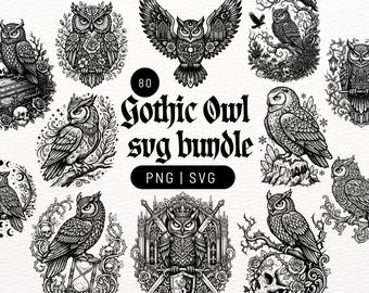 Magische Uil SVG & PNG Bundel voor Cricut | Gotische Bosdieren Clipart Set | Schedel, Zwaard, Lantaarn, hemels, maan, mystiek, knutselen