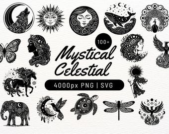 May include: A collection of black and white digital illustrations featuring celestial and animal motifs, including a wolf, sun, whale, peacock, butterfly, horse, elephant, hummingbird, turtle, dragonfly, and phoenix, with the text 100+ Mystical Celestial 4000px PNG | SVG.