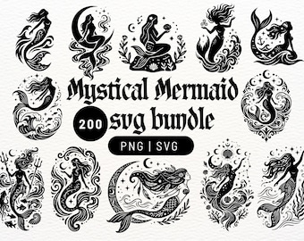 Paquete de 200 imágenes PNG y SVG de sirenas místicas, celestiales, góticas, criaturas marinas, siluetas, Cricut, archivos de corte SVG.
