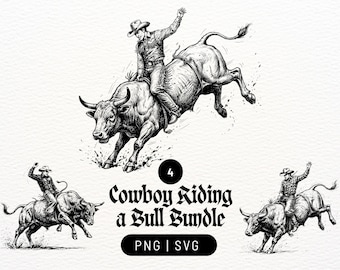 Bundel met png- en svg-bestanden van een cowboy die op een stier rijdt, handgetekende rodeo, gravure, muurdecoratie.