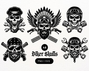Paquete de 48 calaveras de motociclista / Conjunto de calaveras de motociclista en formato PNG y SVG / Archivos de corte para tatuajes para Cricut