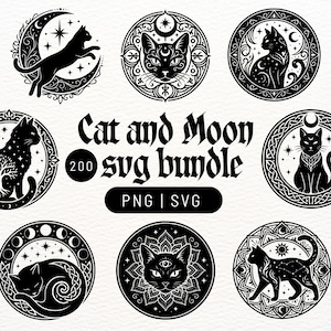 Himmelsk katt & måne SVG PNG-paket - 200 mystiska clipart för Cricut | Dekorativa cirkulära ramar | Dark academia-konst, häxkonstgrafik