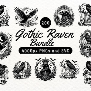 Puede incluir: Una colección digital de 200 ilustraciones en blanco y negro con cuervos, calaveras, rosas, velas y marcos ornamentados. El texto dice 200 Gothic Raven Bundle 4000px PNGs and SVG. Estos diseños gráficos muestran varios motivos de cuervos.