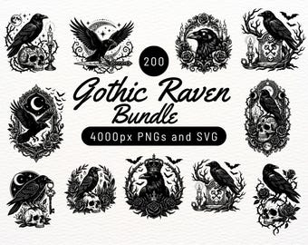 Paquete de 200 imágenes prediseñadas SVG de cuervos góticos / Arte Dark Academia, gráficos de brujería (descarga digital)