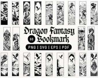 Marcapáginas de fantasía con dragones en formato SVG, PNG, EPS y PDF - Vector en escala de grises para Cricut y Silhouette