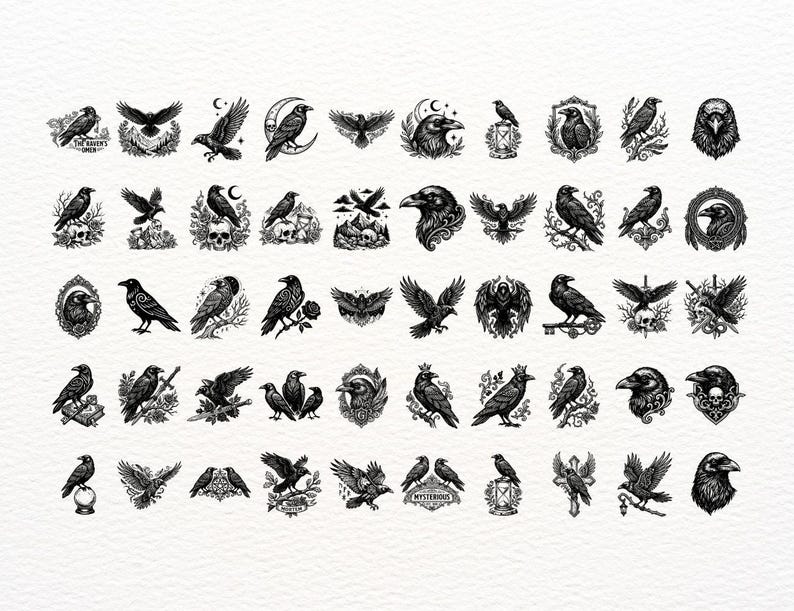 Puede incluir: Una colecci&oacute;n de cincuenta ilustraciones en blanco y negro que muestran cuervos en diversas posturas, posados sobre calaveras, ramas, libros y bolas de cristal, o volando con las alas extendidas, dispuestas en una cuadr&iacute;cula sobre un fondo blanco texturizado.