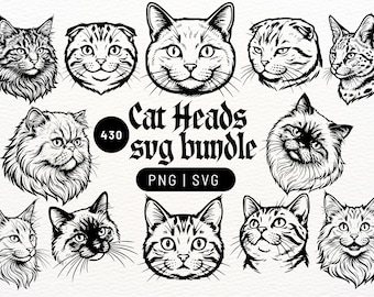Paquete de 430 cabezas de gato dibujadas a mano en formato SVG y PNG, gato negro, retrato de gato, ilustración de gato, Cricut, SVG de gato divertido, archivos vectoriales de imágenes prediseñadas