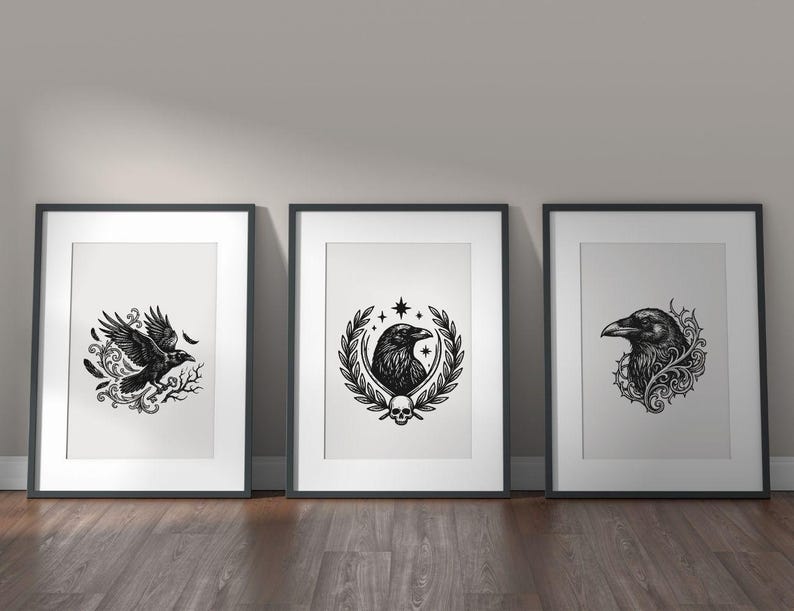 Paquete de 200 imágenes prediseñadas SVG de cuervos góticos / Arte Dark Academia, gráficos de brujería (descarga digital) imagen 3