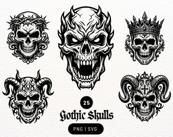Paquete de 25 calaveras góticas en formato PNG y SVG / Conjunto de imágenes prediseñadas vectoriales de terror / Calavera oculta / Archivos de corte vectoriales para tatuajes de calaveras para Cricut