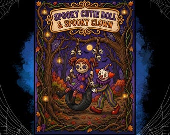 Spooky Cutie Doll & Clown - unieke kleurplaat voor volwassenen (digitale download)