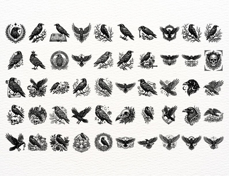 Puede incluir: Una colecci&oacute;n de cincuenta ilustraciones en blanco y negro que muestran cuervos en diversas posturas, incluyendo posados en ramas, volando e interactuando con calaveras, libros, llaves y elementos florales, presentados en una cuadr&iacute;cula sobre fondo blanco.