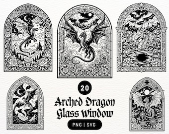 Vitral con diseño de dragón fantástico arqueado - Archivos de corte PNG y SVG para manualidades