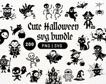 Paquete de 200 imágenes prediseñadas SVG y PNG de Halloween espeluznantes / Diseños kawaii adorables para Silhouette y Cricut