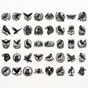 Puede incluir: Una colecci&oacute;n de cincuenta ilustraciones en blanco y negro que muestran cuervos en varias posturas, posados sobre ramas, calaveras y marcos ornamentados, con algunos dise&ntilde;os que incorporan elementos como coronas, llaves, espadas y coronas florales.