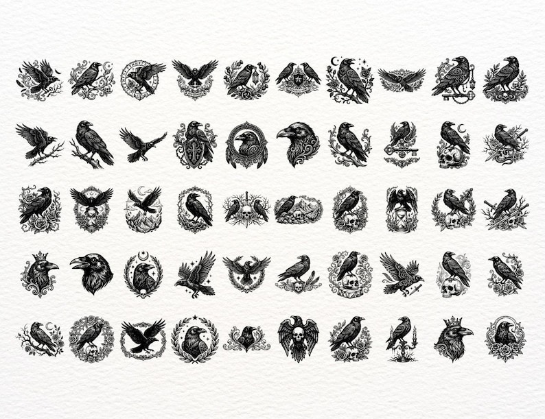 Puede incluir: Una colecci&oacute;n de cincuenta ilustraciones en blanco y negro que muestran cuervos en varias posturas, posados sobre ramas, calaveras y marcos ornamentados, con algunos dise&ntilde;os que incorporan elementos como coronas, llaves, espadas y coronas florales.