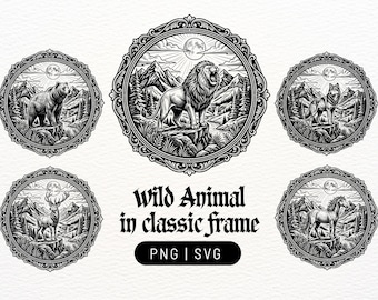 Bundel met klassieke fotolijst met wilde dieren in PNG- en SVG-formaat | Lasergesneden bestanden en graveerbare wanddecoratie