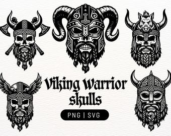 Pacchetto di teschi di guerrieri vichinghi / PNG e SVG per Cricut, file per taglio laser e decorazioni murali