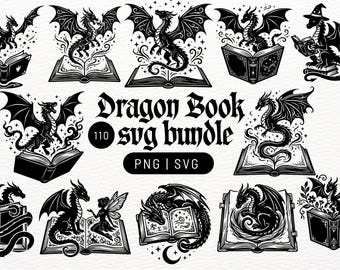 Paquete de 110 imágenes PNG y SVG de Dragon Book / Archivos de corte vectoriales de tatuajes de fantasía para Cricut