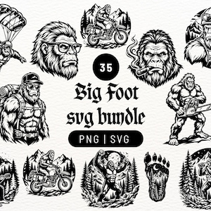 Op de afbeelding: Een verzameling van 35 zwart-witillustraties met Bigfoot in diverse activiteiten zoals parachutespringen, motorrijden, gitaarspelen en met een kettingzaag. De tekst luidt 35 Big Foot svg bundle PNG | SVG.