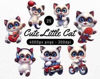 Watercolor Cat Clipart: Playful Kitten PNGs for Crafts (Digital Download