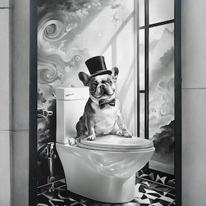Whimsical French Bulldog Bathroom Art | Funny Dog Wall Decor | Black & White Toilet Print | Digital Download | Modern Pet Humor Artwork