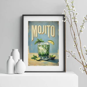 Vintage Mojito Cocktail Poster | Mojito Bar Art Printable | Retro Drink Wall Decor |Digital Download for Signature Drink