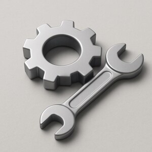 May include: A close-up shot of a silver gear and a wrench. The gear has a circular center and multiple teeth around the edge. The wrench is a standard open-end type, with two different sized openings. Both tools are made of metal.