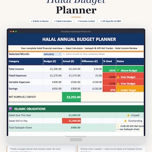 May include: A digital Halal Budget Planner, featuring a dark blue and white design. The planner includes sections for income, expenses, and savings, with a focus on Islamic obligations like Zakat. The text includes "Halal Budget Planner" and "Instant Digital Download."